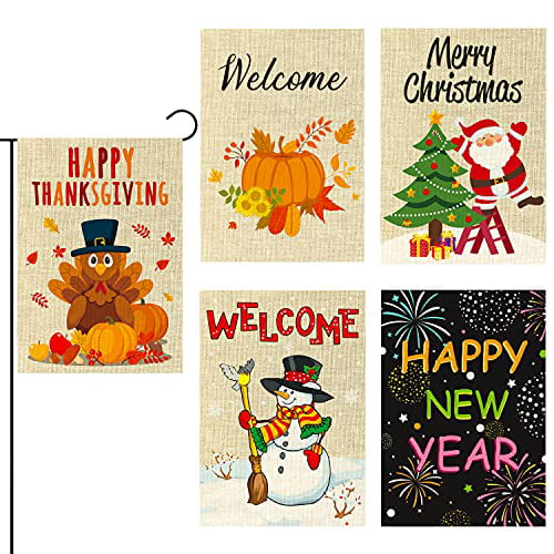 WATINC 5Pcs Garden Flags Happy Thanksgiving Welcome Fall Winter Merry Christmas New Year Holiday Decorations Pumpkins Turkey Santa Snowman Double Sided Burlap House Flags for Home 12.4 x 18.2 Inch 